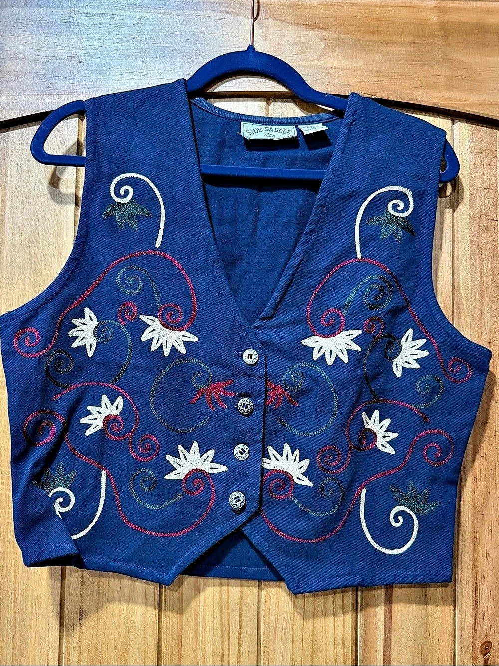Vintage Side Saddle 90s Embroidered Navy Blue Cotton Vest - Like New